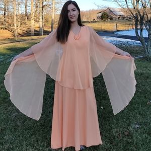 Vtg orange cream prom dress peach caplet attached
